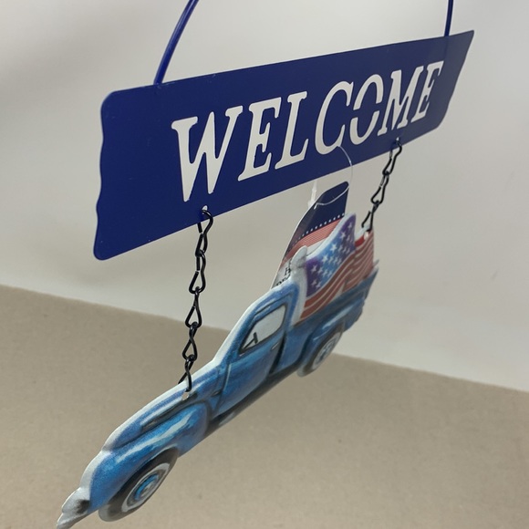 PATRIOTIC METAL BLUE PICKUP TRUCK W/ USA FLAG WELCOME SIGN WALL DOOR USA decor - Picture 7 of 10